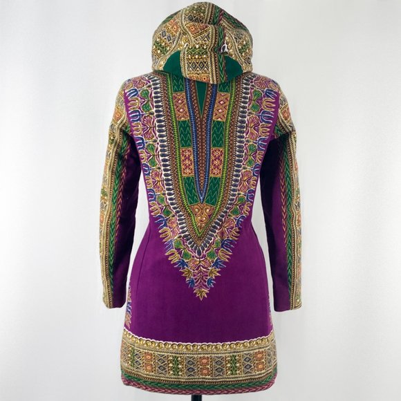 Vintage 70s Hippie Jacket Dashiki Print Purple Utex Hooded Coat - Picture 6 of 9